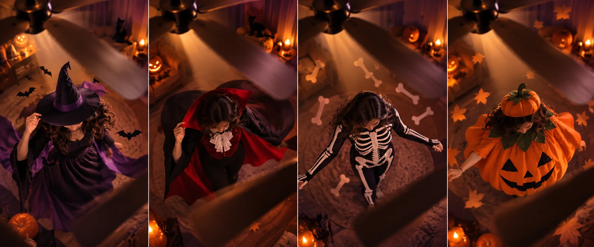Concept illustration of four Halloween costume ideas under a ceiling fan