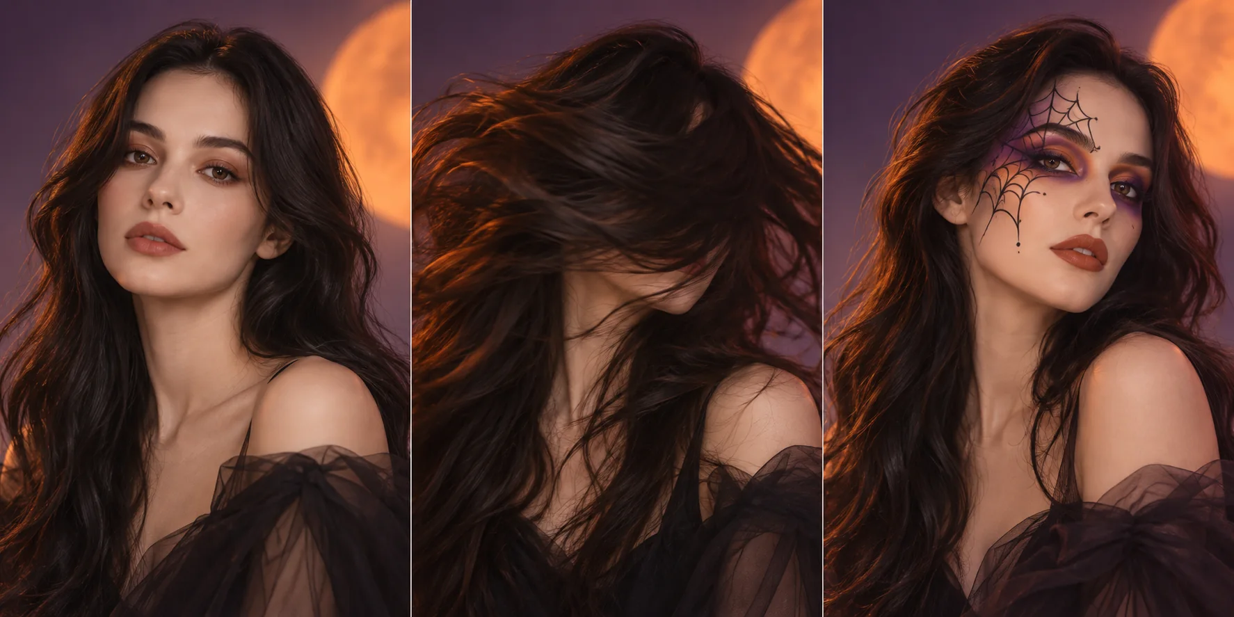 Concept illustration of a hair flip revealing spiderweb-inspired Halloween makeup