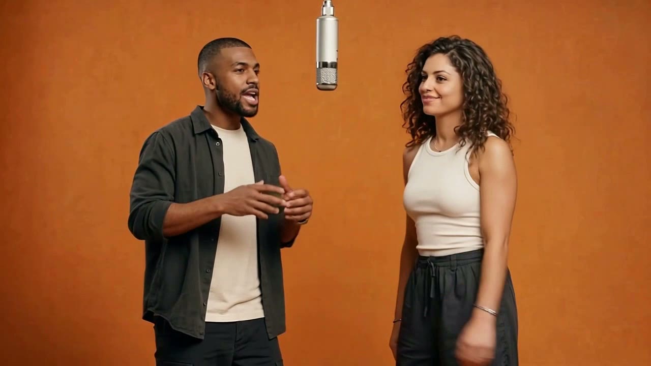 Two performers at the center microphone in an orange studio