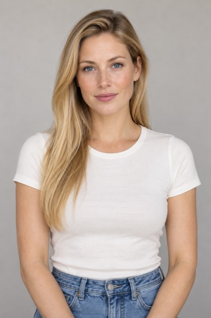 The fictional blonde woman used as the reference photo